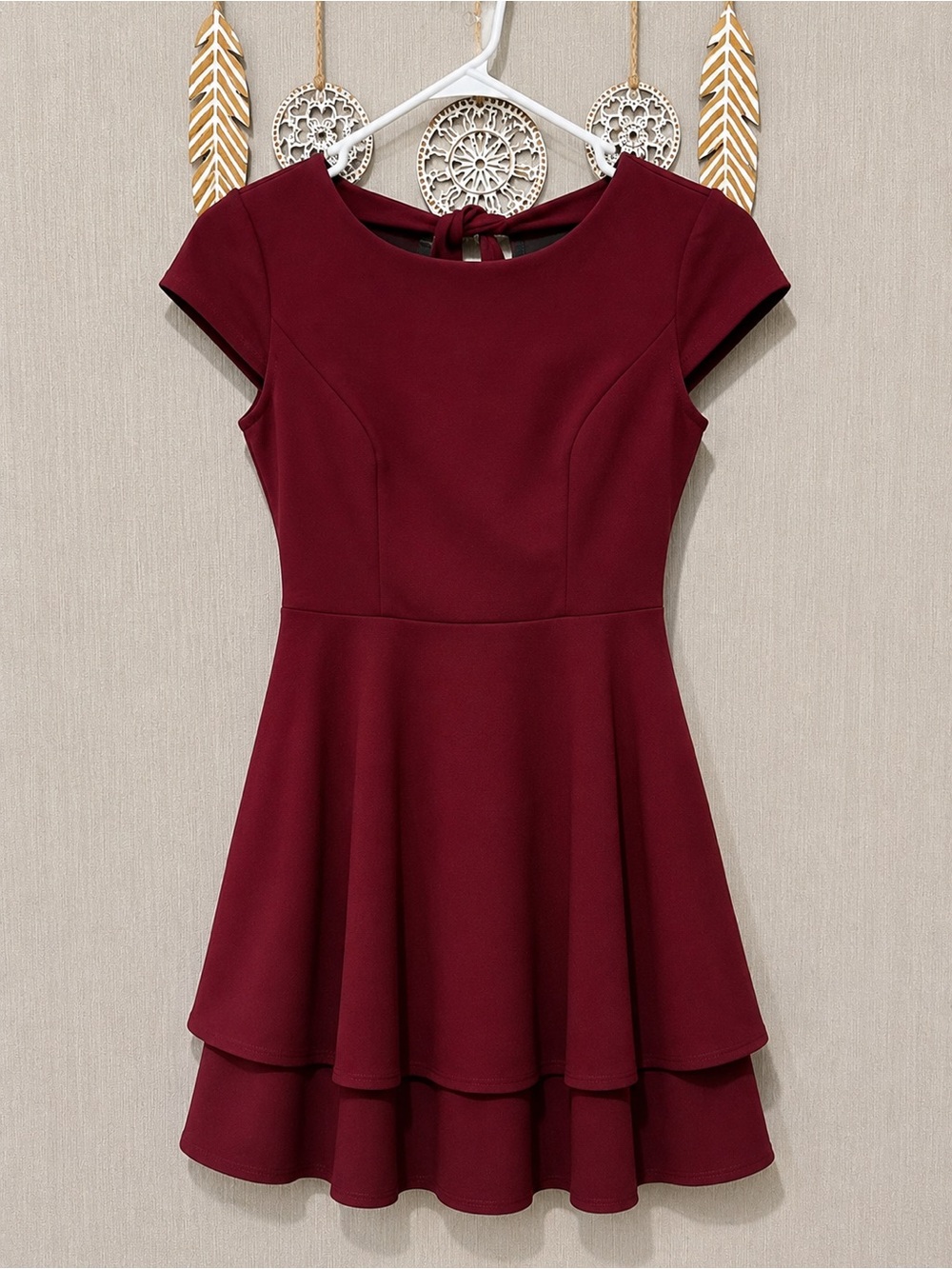 B Darlin Women's Short Sleeve Tiered Skater Dress - Burgundy
